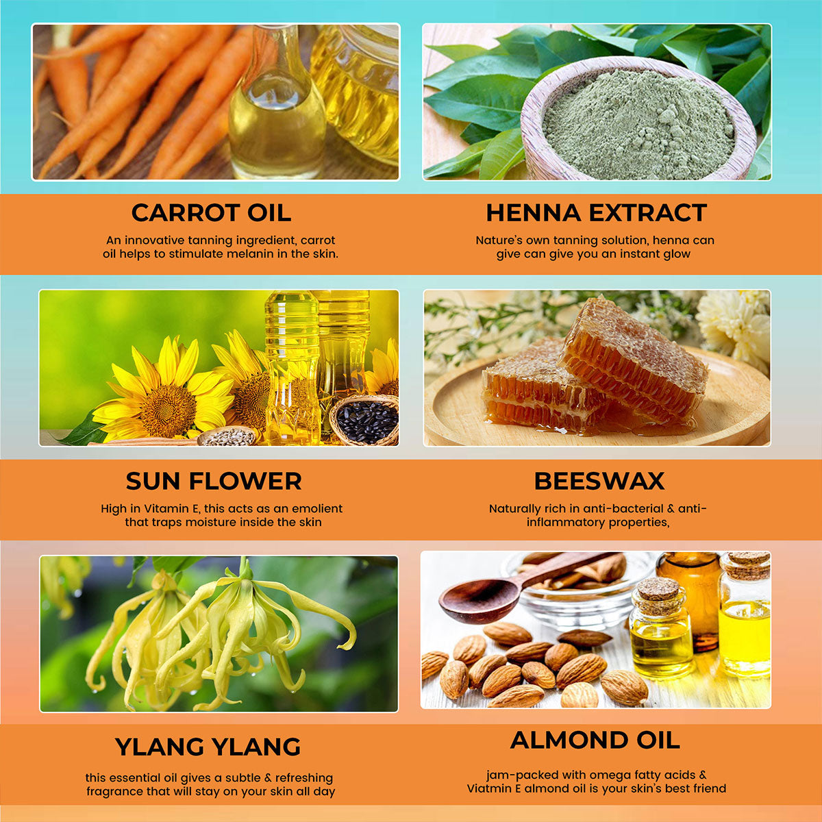 Carols Beauty Organic Sun Tanning Enhancer Ingredients. This infographic highlights the key natural ingredients in our tanning products: Carrot Oil, Henna Extract, Sunflower Oil, Beeswax, Ylang Ylang, and Almond Oil. Each ingredient offers unique benefits for a healthy, natural tan. Visit carolsbeauty.com.au to learn more.