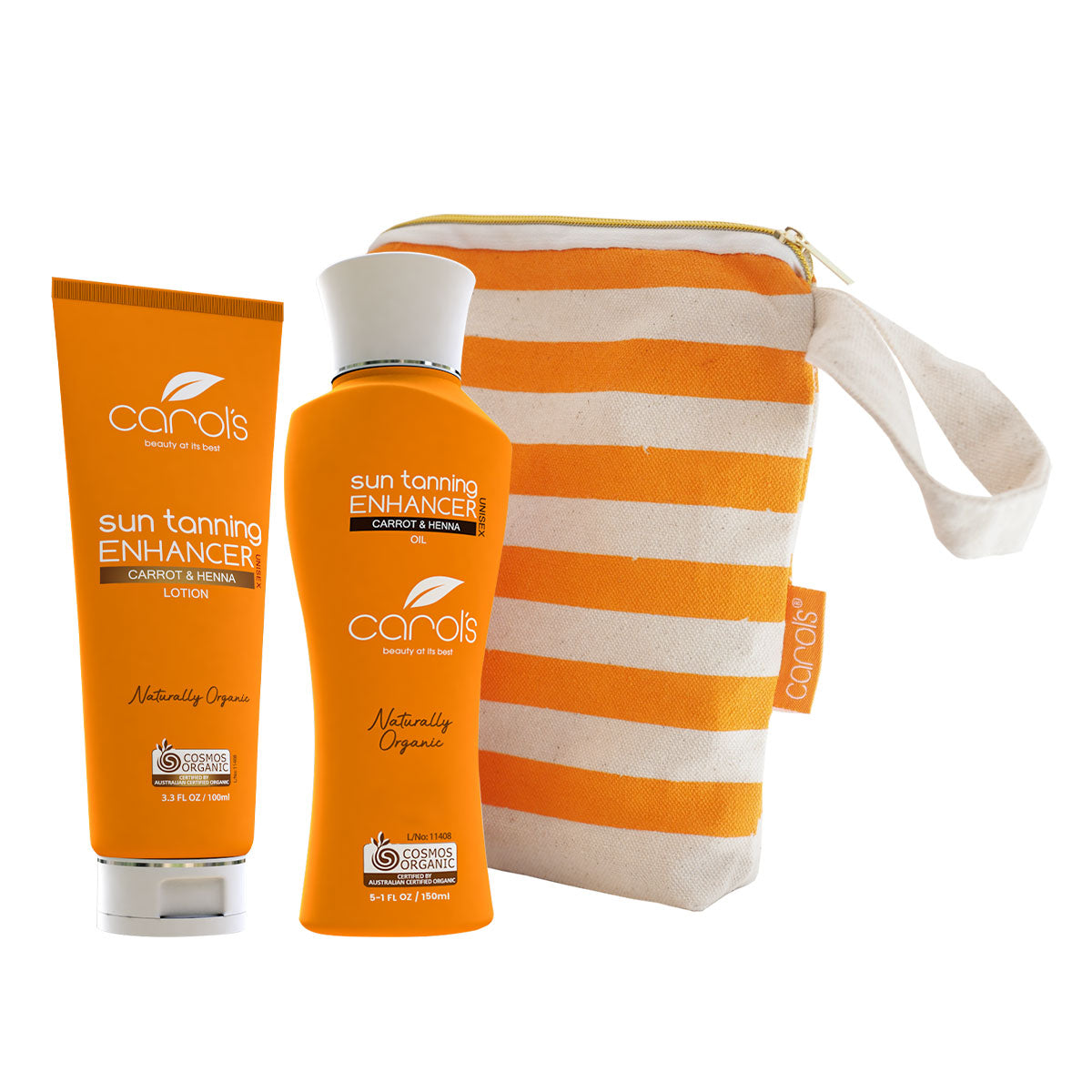 Travel-ready tanning essentials! Carols Beauty's Organic Sun Tanning Enhancer Travel Set includes 100% Certified Organic Lotion and Oil, perfect for your summer vacations. The set comes with a convenient travel pouch. Shop now at carolsbeauty.com.au