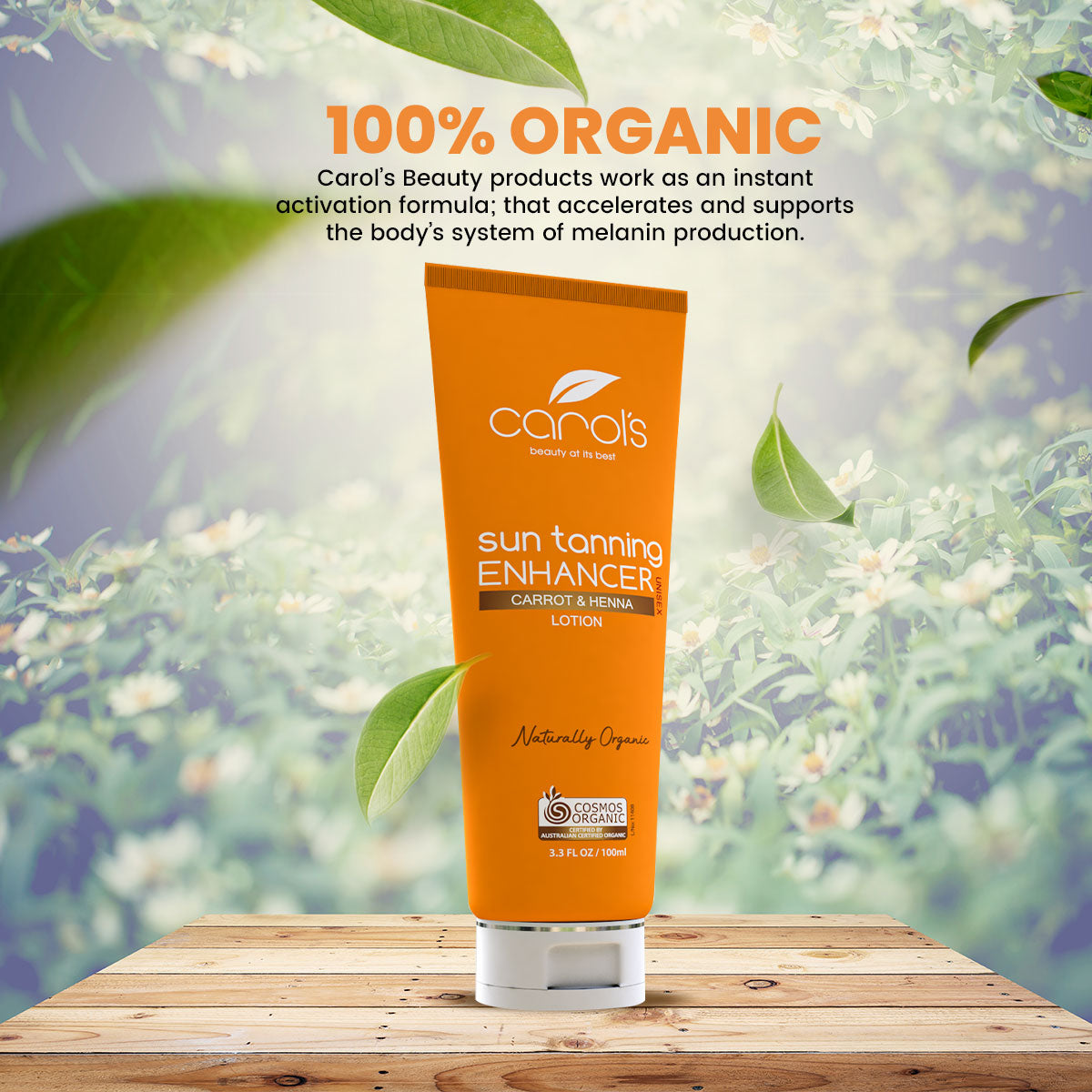 Australian-Made Organic Sun Tanning Lotion from Carols Beauty. Our 100% Certified Organic formula with Carrot and Henna accelerates melanin production for a natural, healthy tan. #OrganicSkincare #AustralianMade #SunCare
